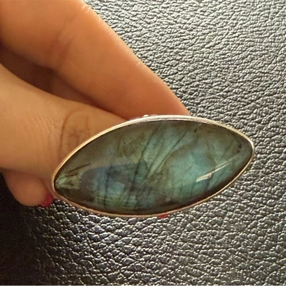 Vintage Sajen Sterling Silver Adjustable Labradorite Marquise Ring Statement Sty - Picture 4 of 8